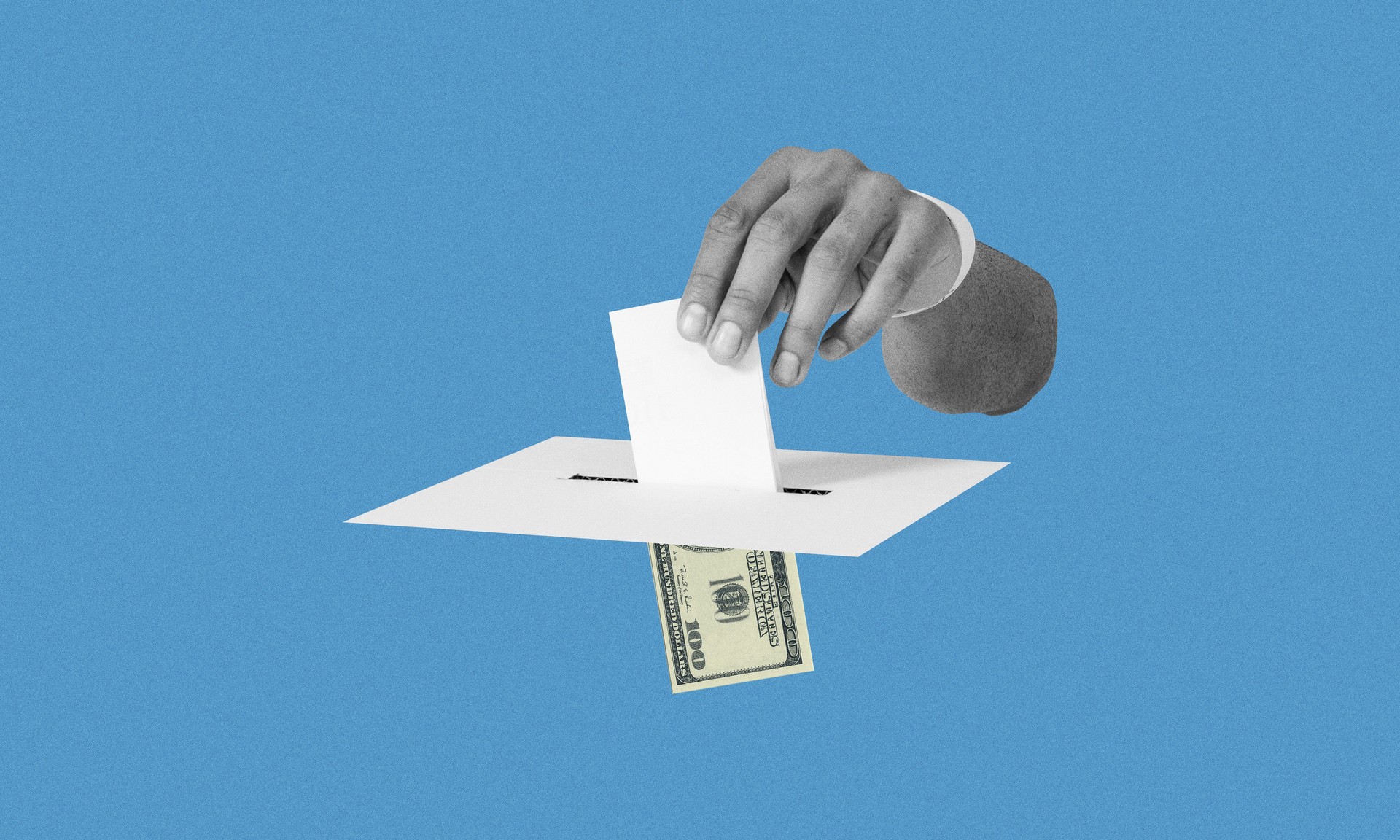 Dirty vote collage concept. Voting hand gesture, putting money on ballot box