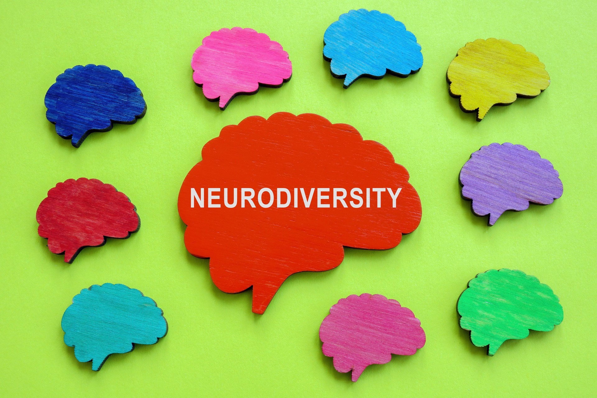 Colorful brains and one with inscription Neurodiversity.