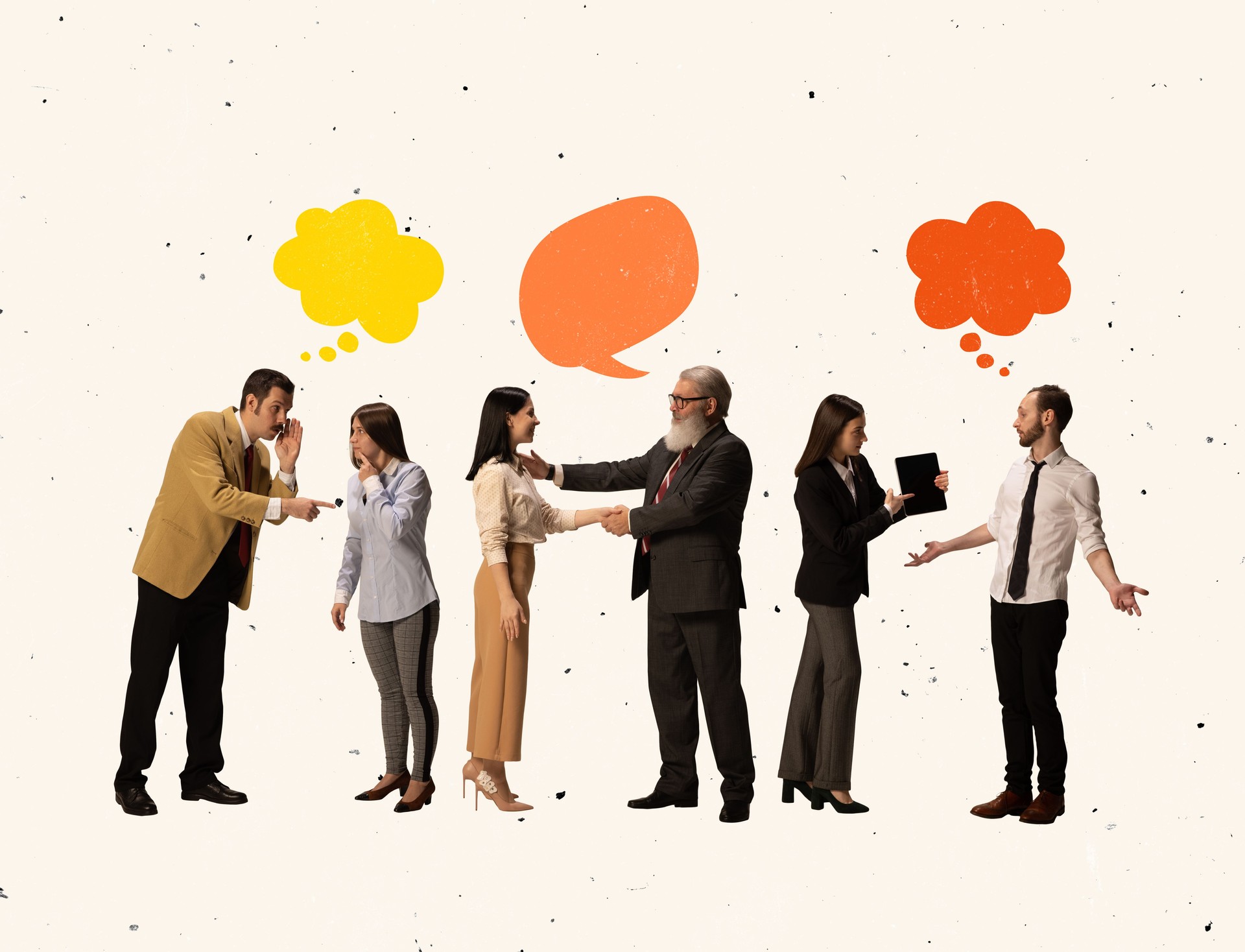 Creative collage of group of people communicating, having business discussion